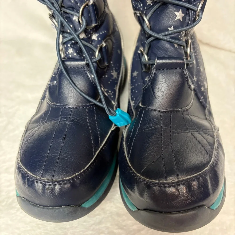 Lands' End‎ Kids Navy Blue Star Print Winter Snow Boots Fur Trim Warm Waterproof